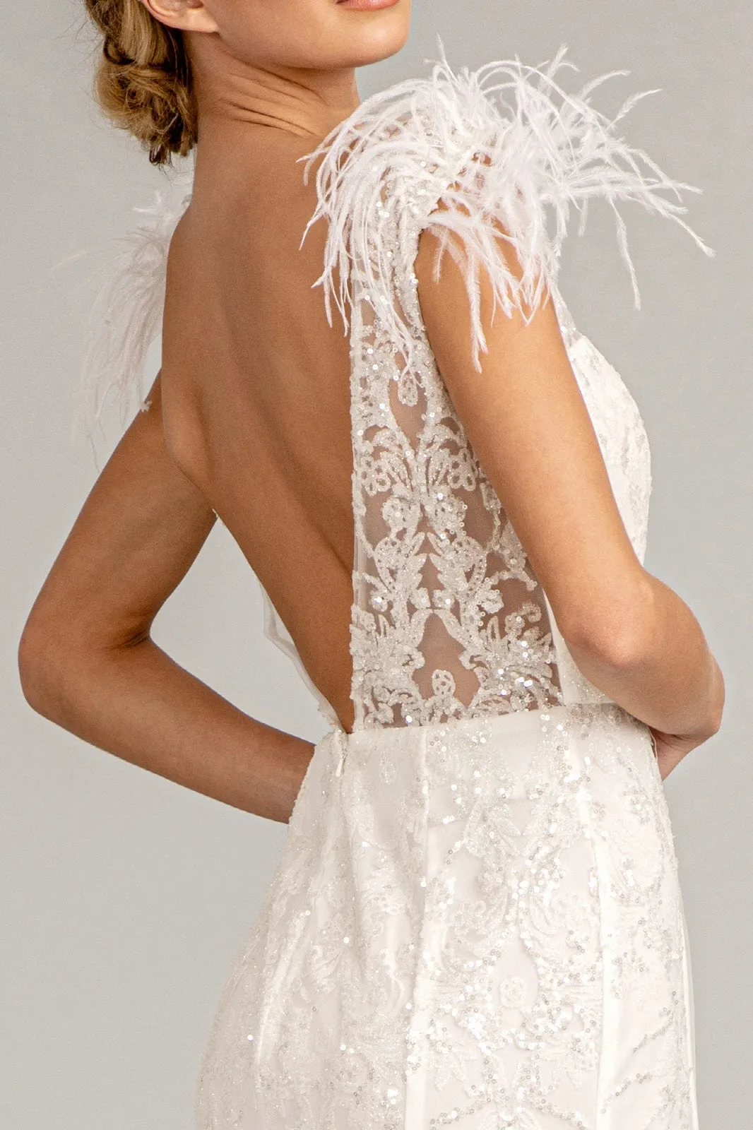 Feather Embellished Sleeveless Glitter Mesh Prom Dress Sheer Back GLGL1983