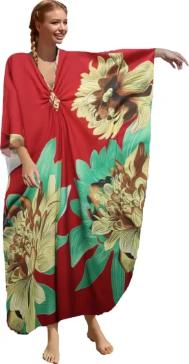 floral Kaftan Dresses for Women Plus size Beach cover up wave neck Batwing sleeve