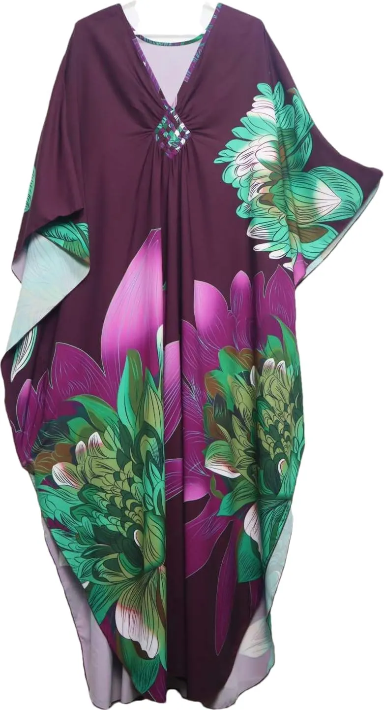 floral Kaftan Dresses for Women Plus size Beach cover up wave neck Batwing sleeve