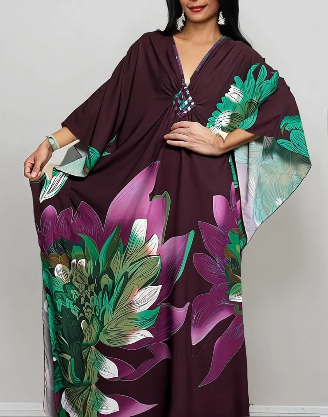 floral Kaftan Dresses for Women Plus size Beach cover up wave neck Batwing sleeve