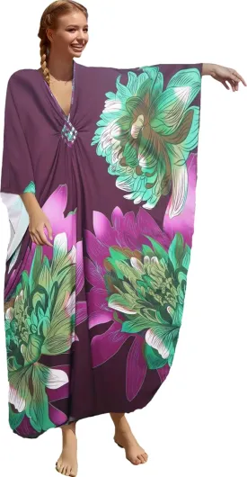 floral Kaftan Dresses for Women Plus size Beach cover up wave neck Batwing sleeve