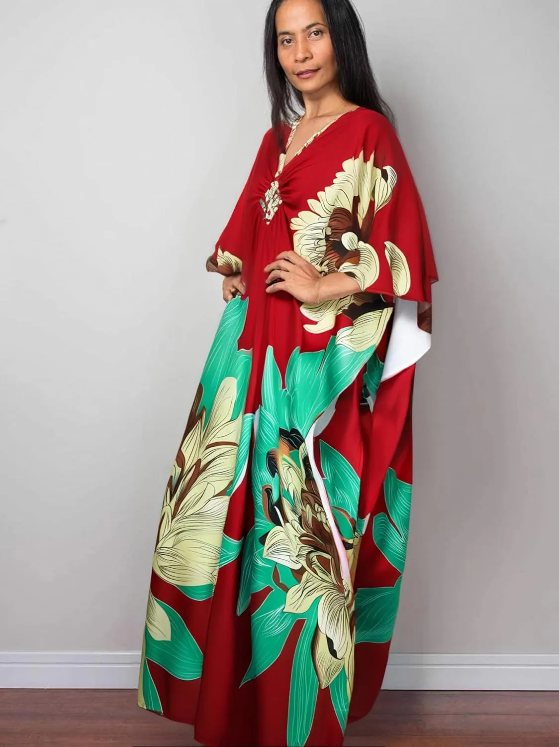 floral Kaftan Dresses for Women Plus size Beach cover up wave neck Batwing sleeve
