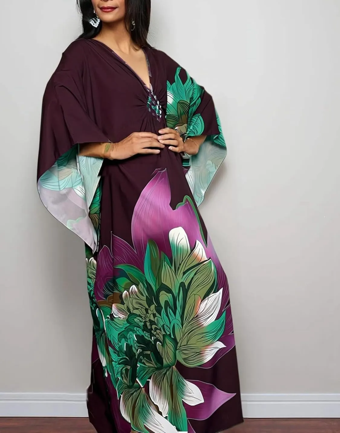 floral Kaftan Dresses for Women Plus size Beach cover up wave neck Batwing sleeve