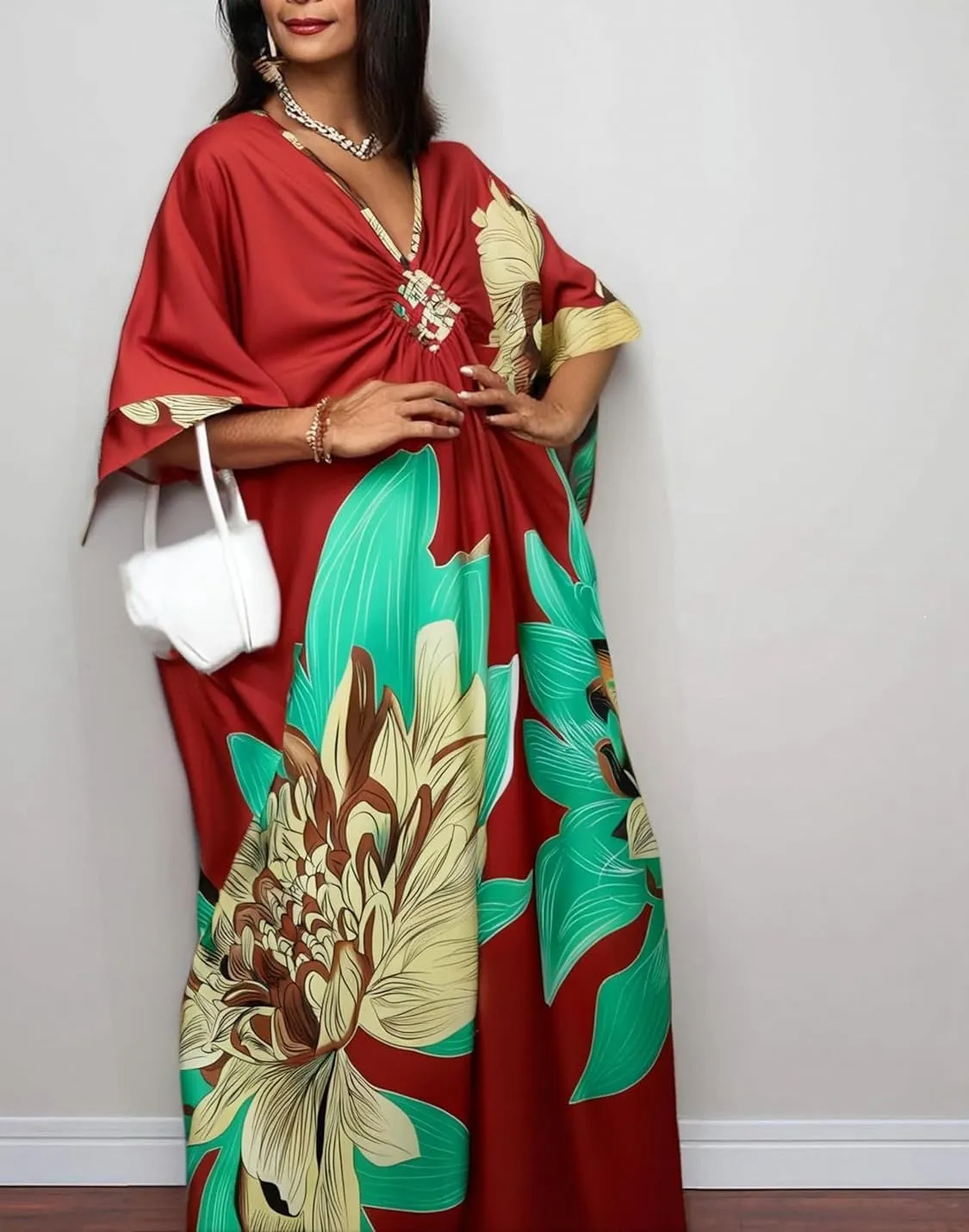 floral Kaftan Dresses for Women Plus size Beach cover up wave neck Batwing sleeve
