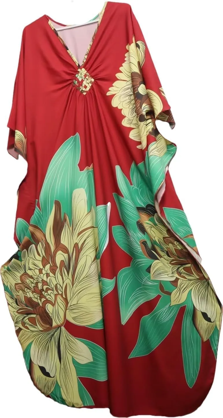 floral Kaftan Dresses for Women Plus size Beach cover up wave neck Batwing sleeve