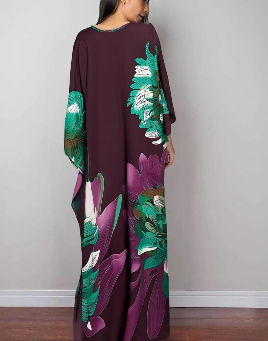 floral Kaftan Dresses for Women Plus size Beach cover up wave neck Batwing sleeve
