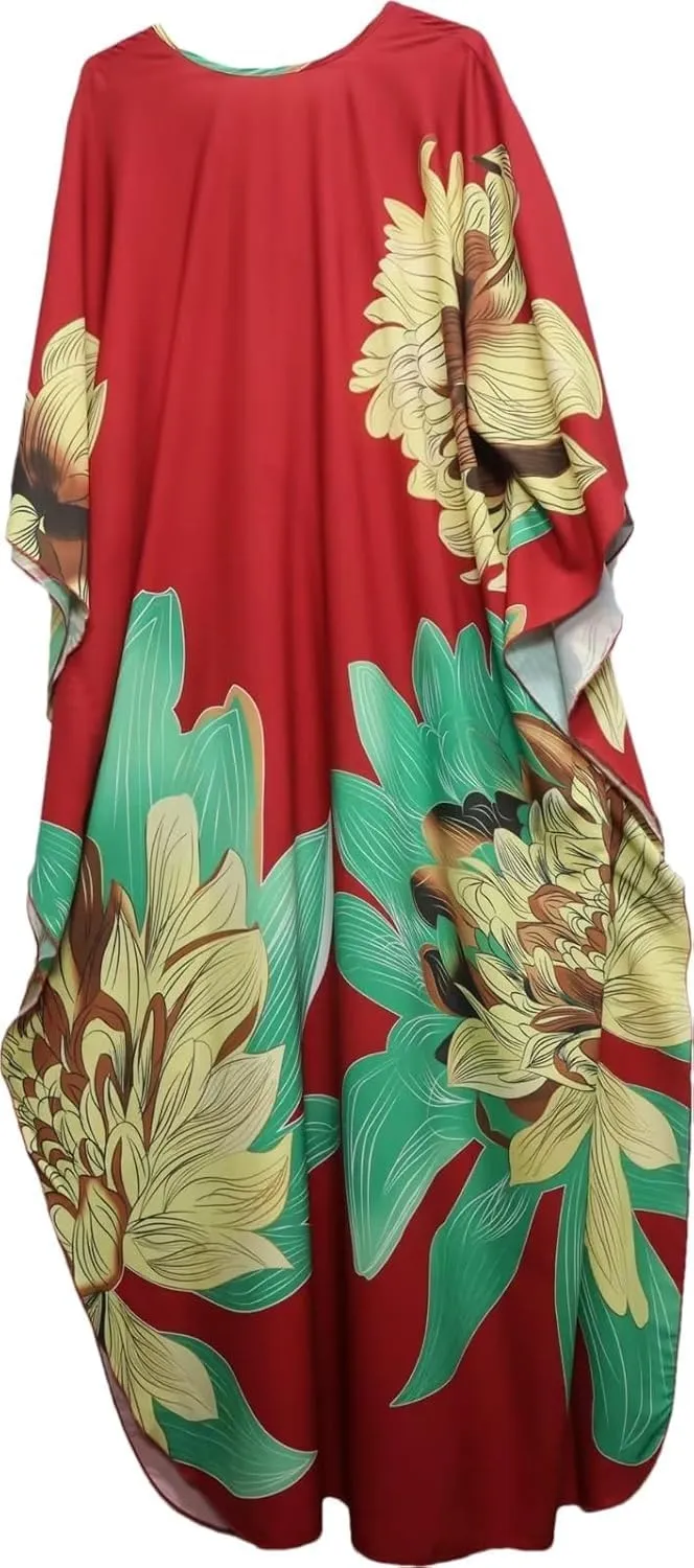 floral Kaftan Dresses for Women Plus size Beach cover up wave neck Batwing sleeve