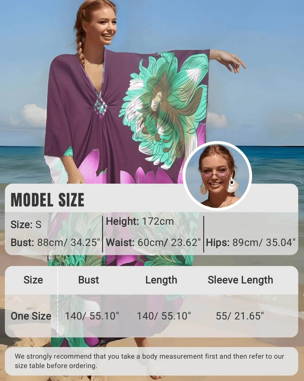floral Kaftan Dresses for Women Plus size Beach cover up wave neck Batwing sleeve