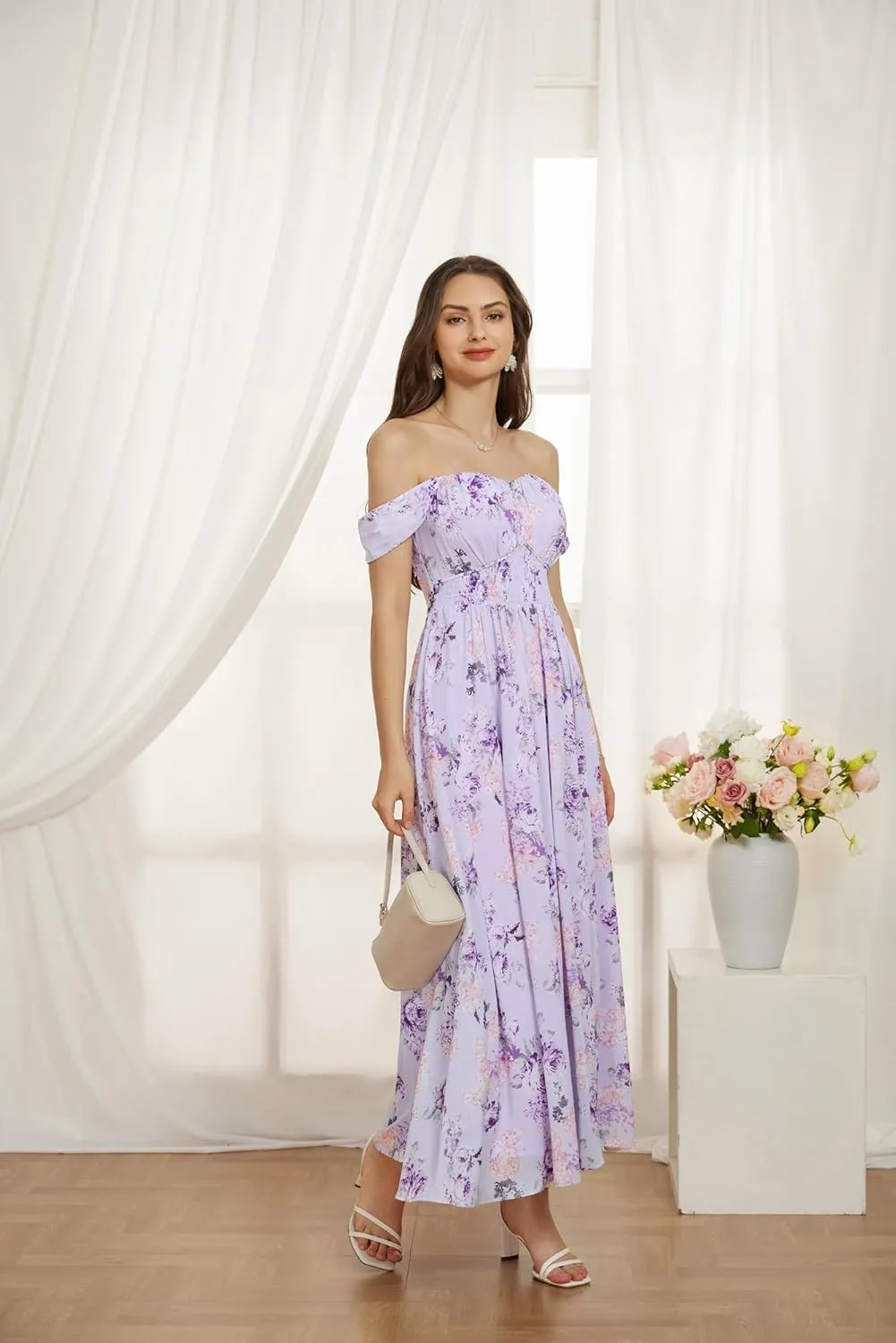 GRACE KARIN 2025 Women's Summer Floral Print Flowy A Line Maxi Dresses Sleeveless Smocked Off Shoulder Dress