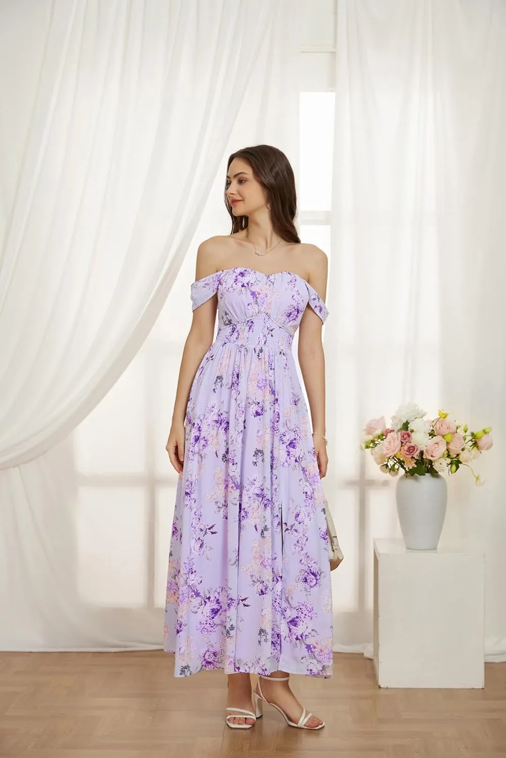 GRACE KARIN 2025 Women's Summer Floral Print Flowy A Line Maxi Dresses Sleeveless Smocked Off Shoulder Dress