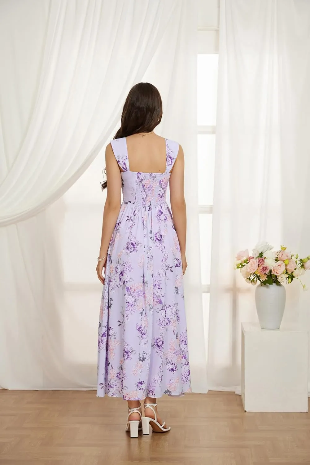 GRACE KARIN 2025 Women's Summer Floral Print Flowy A Line Maxi Dresses Sleeveless Smocked Off Shoulder Dress