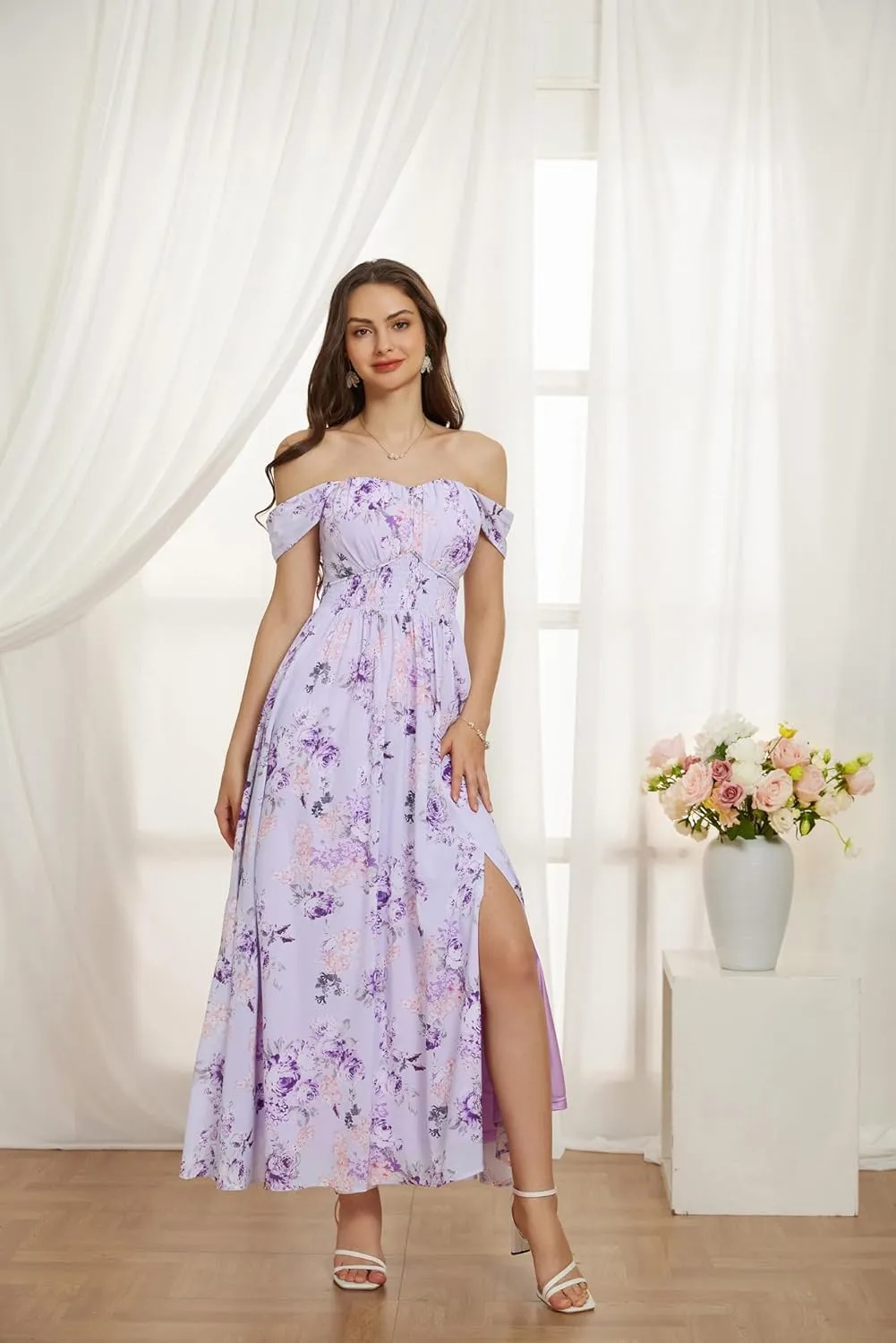GRACE KARIN 2025 Women's Summer Floral Print Flowy A Line Maxi Dresses Sleeveless Smocked Off Shoulder Dress