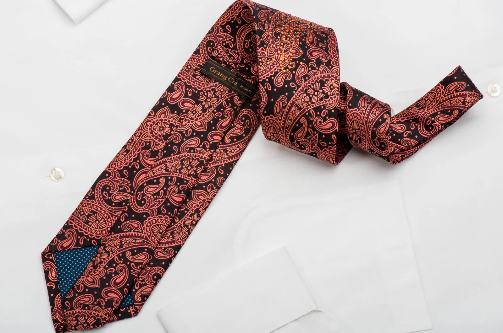Grang Cia Men's Silk Necktie Orange Paisley On Black Sparkling With Rhinestones