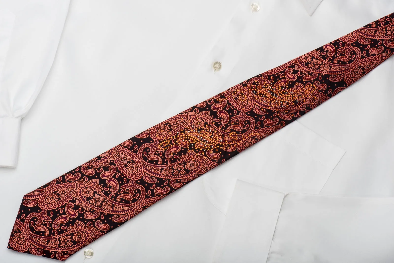Grang Cia Men's Silk Necktie Orange Paisley On Black Sparkling With Rhinestones