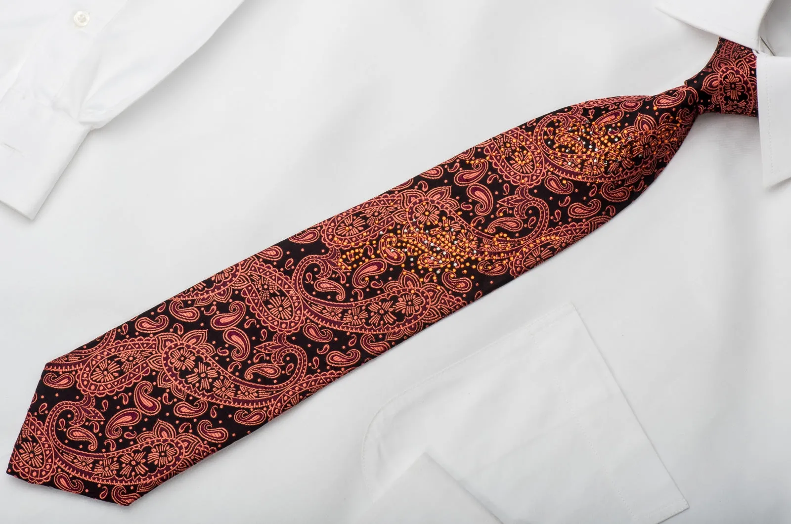 Grang Cia Men's Silk Necktie Orange Paisley On Black Sparkling With Rhinestones