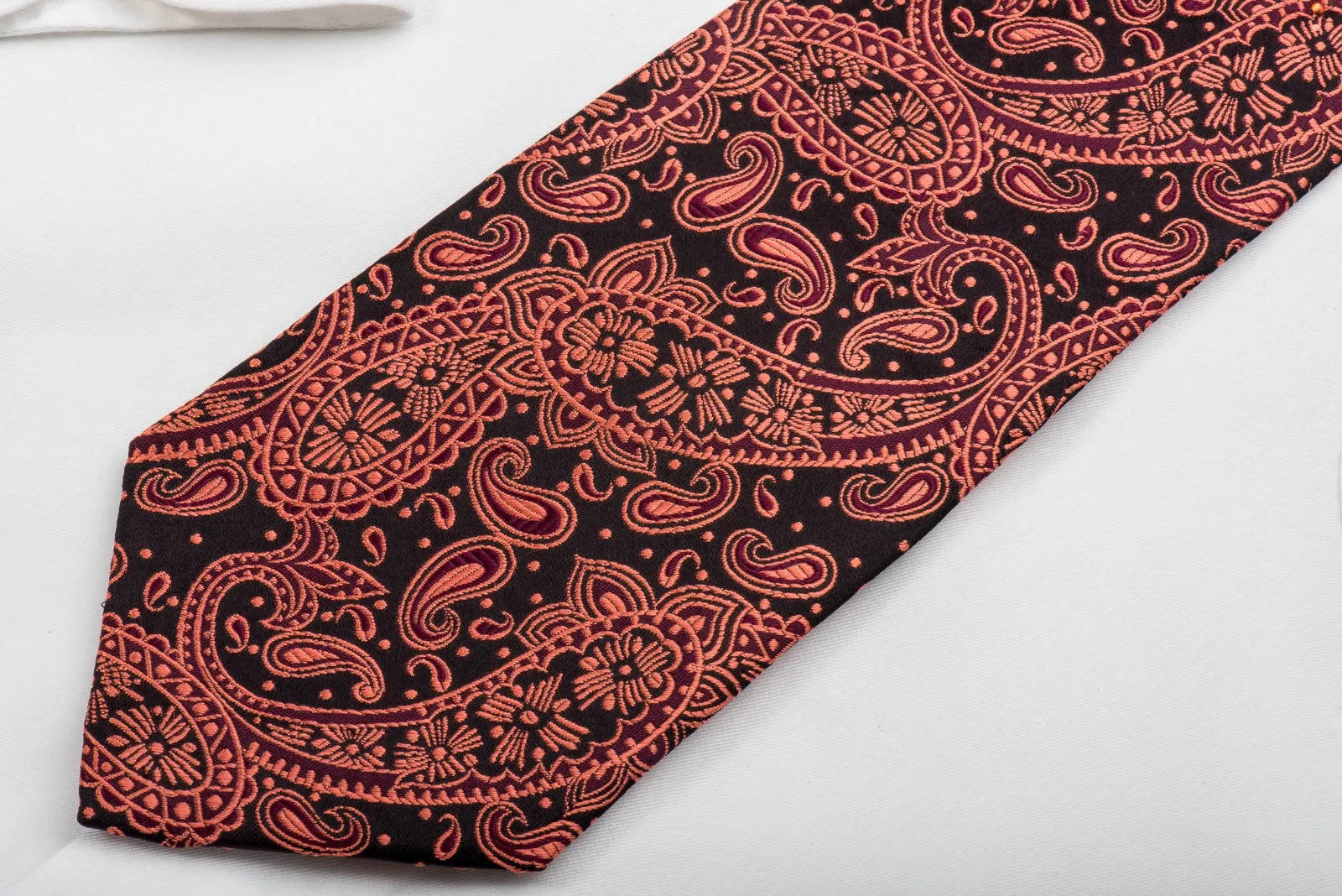 Grang Cia Men's Silk Necktie Orange Paisley On Black Sparkling With Rhinestones