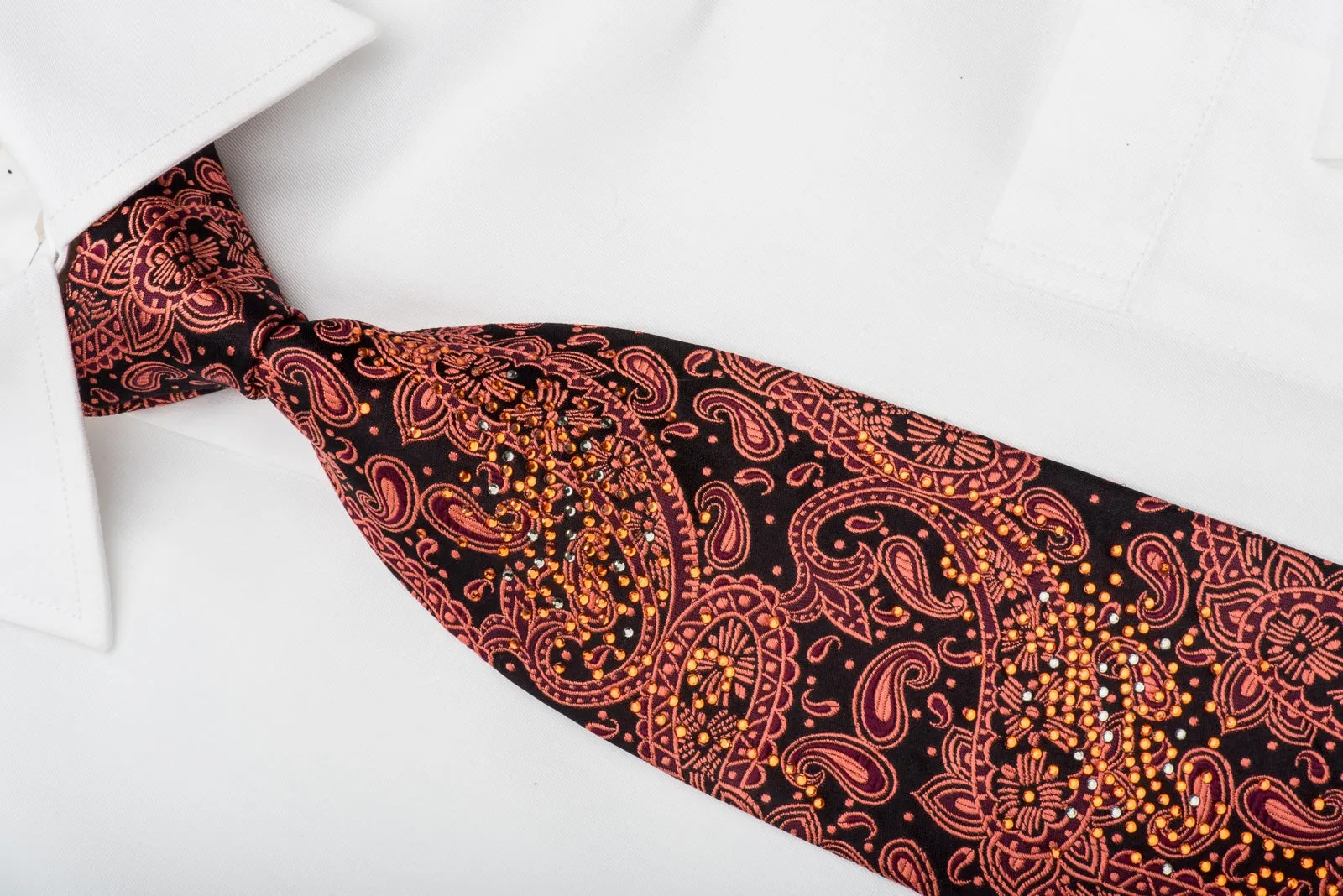Grang Cia Men's Silk Necktie Orange Paisley On Black Sparkling With Rhinestones