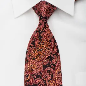 Grang Cia Men's Silk Necktie Orange Paisley On Black Sparkling With Rhinestones