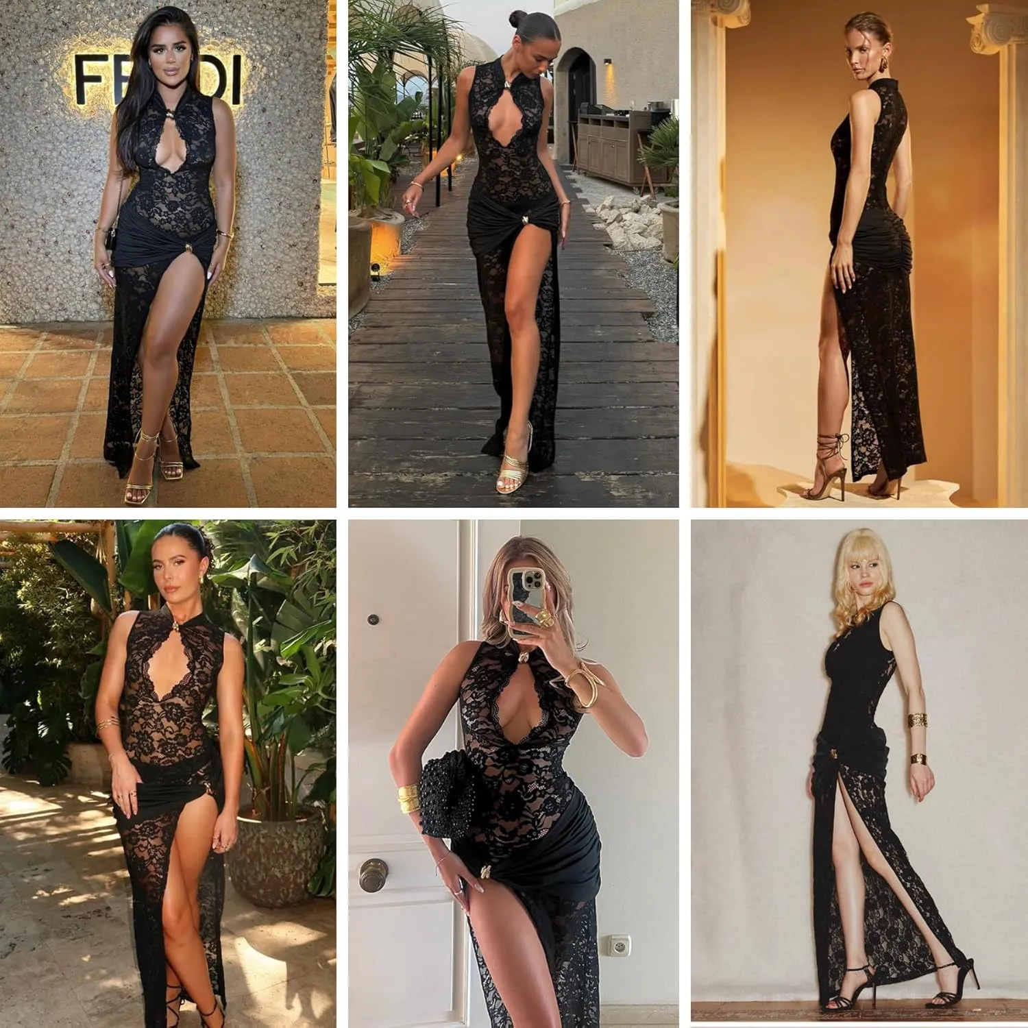 JUMISEE Womens Sexy High Slit See Through Lace Maxi Dress Sleeveless Hollow Out Bodycon Cocktail Dress Evening Gown