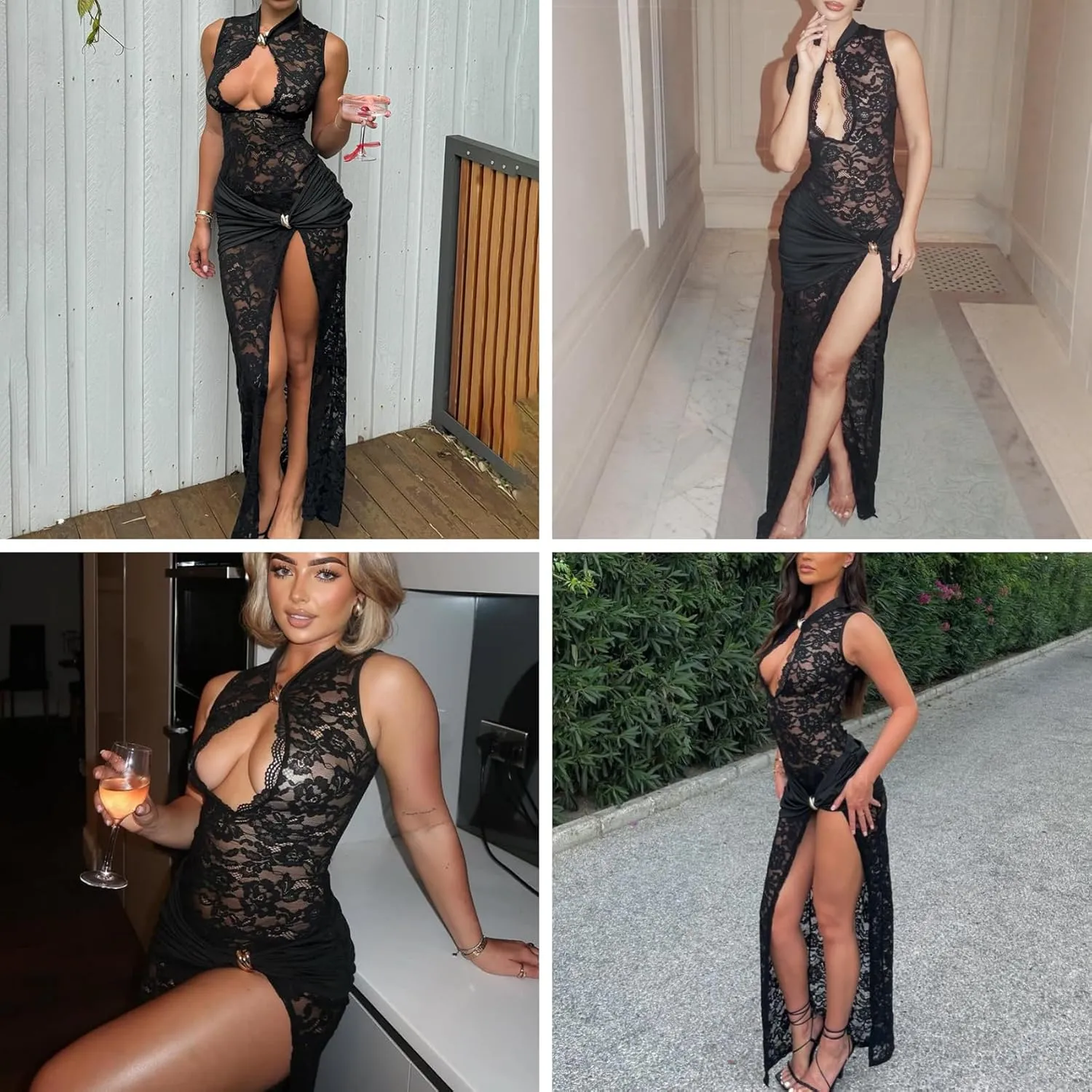 JUMISEE Womens Sexy High Slit See Through Lace Maxi Dress Sleeveless Hollow Out Bodycon Cocktail Dress Evening Gown