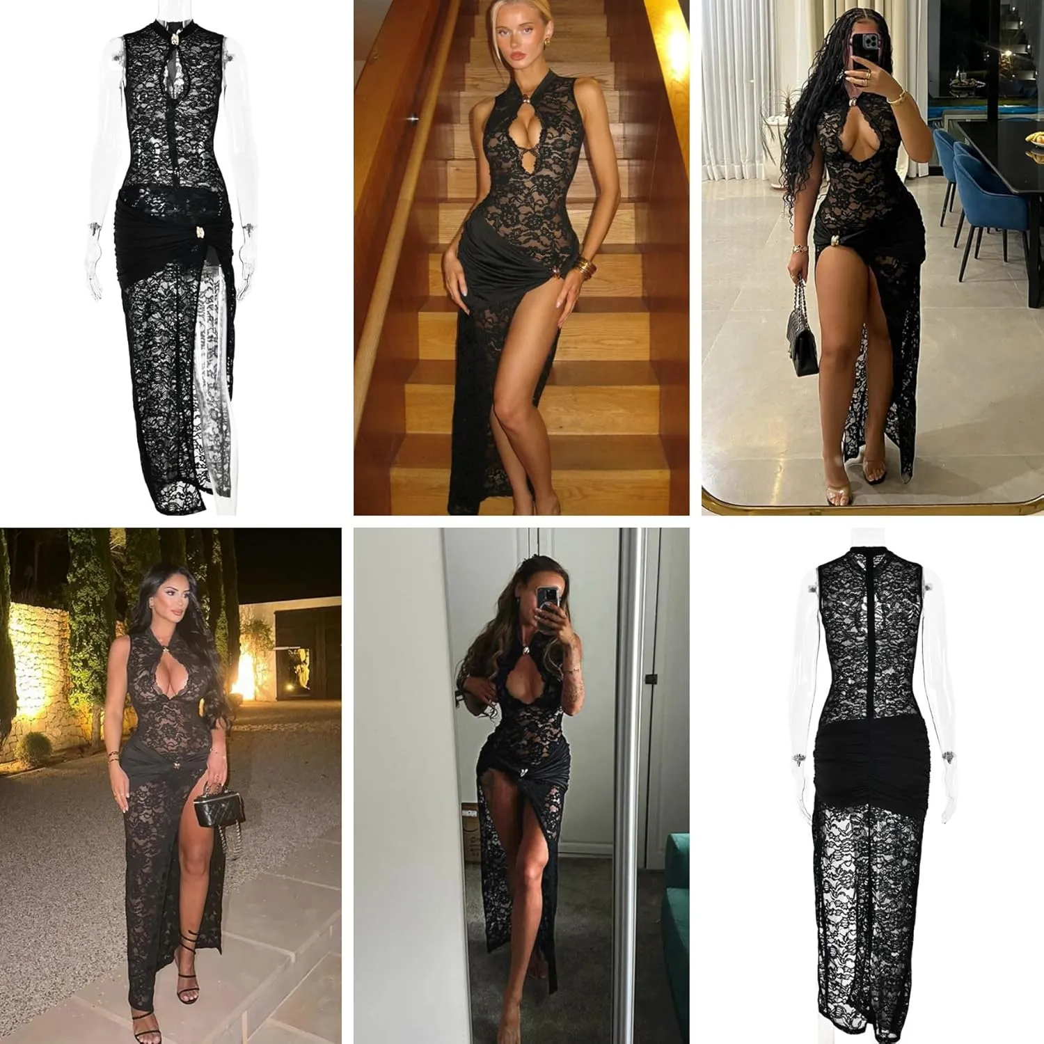 JUMISEE Womens Sexy High Slit See Through Lace Maxi Dress Sleeveless Hollow Out Bodycon Cocktail Dress Evening Gown