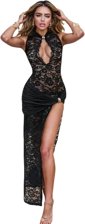 JUMISEE Womens Sexy High Slit See Through Lace Maxi Dress Sleeveless Hollow Out Bodycon Cocktail Dress Evening Gown