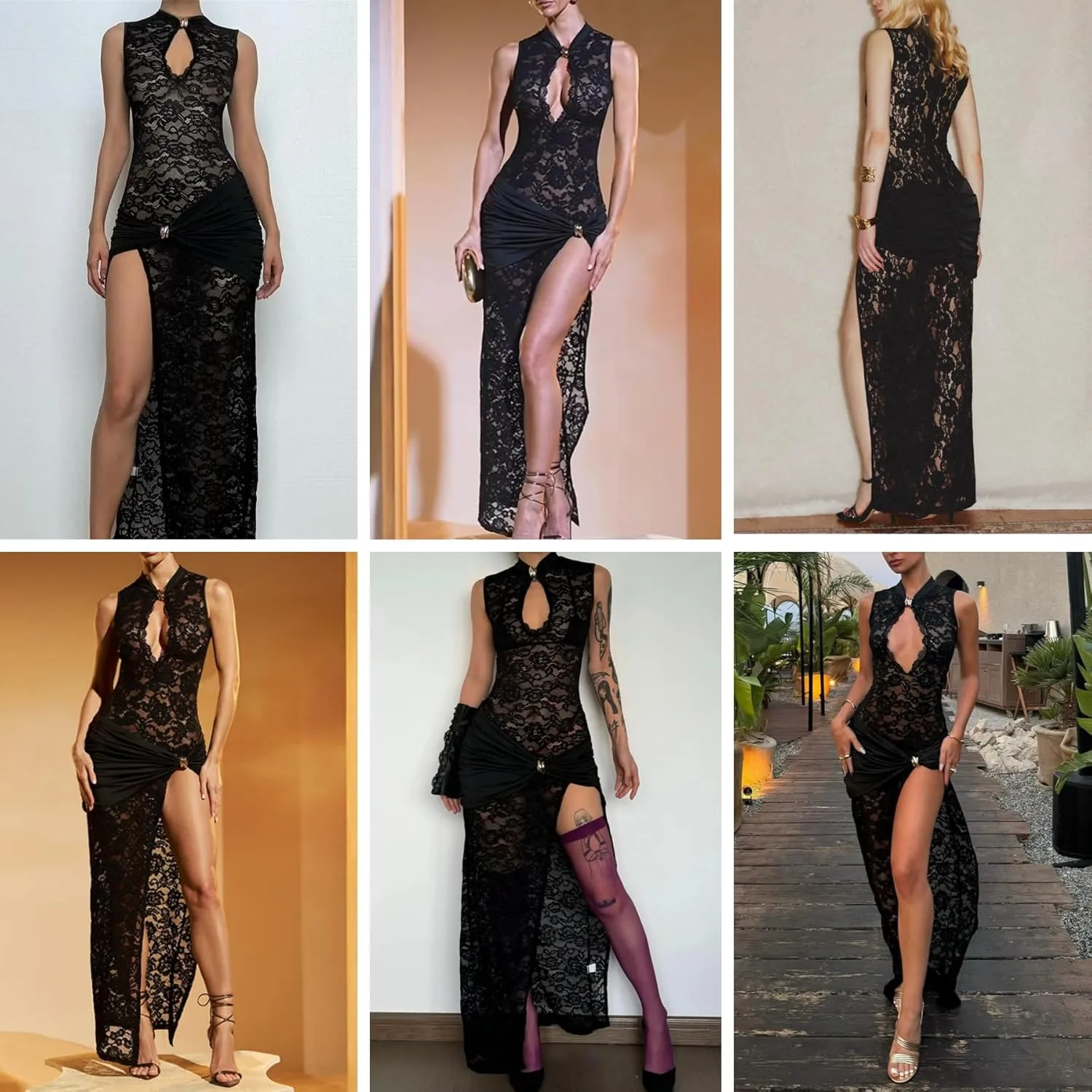 JUMISEE Womens Sexy High Slit See Through Lace Maxi Dress Sleeveless Hollow Out Bodycon Cocktail Dress Evening Gown