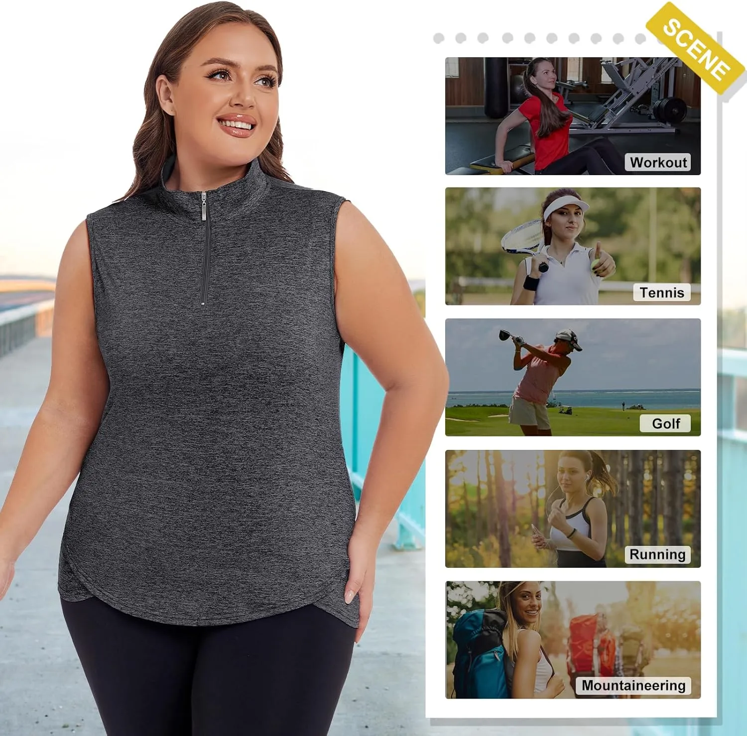 Koscacy Women's Plus Size Sleeveless Golf Tennis Polo Shirts Zip Up Dry Fit Workout Tank Tops Athletic Shirt