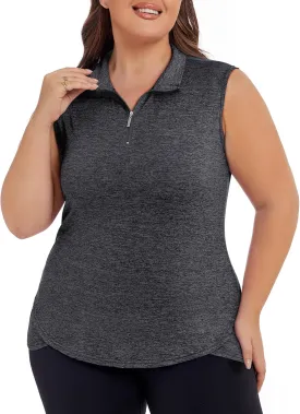 Koscacy Women's Plus Size Sleeveless Golf Tennis Polo Shirts Zip Up Dry Fit Workout Tank Tops Athletic Shirt