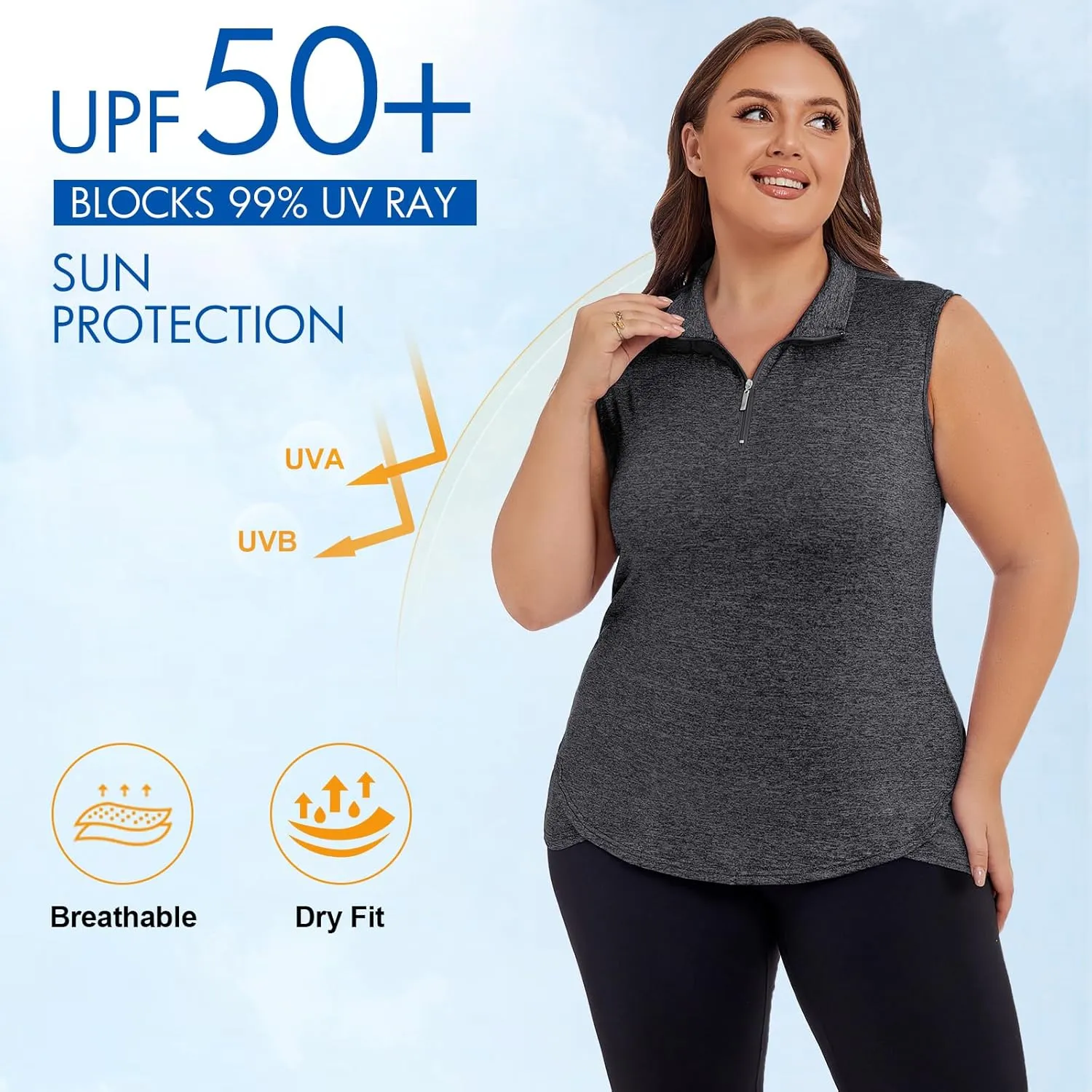 Koscacy Women's Plus Size Sleeveless Golf Tennis Polo Shirts Zip Up Dry Fit Workout Tank Tops Athletic Shirt