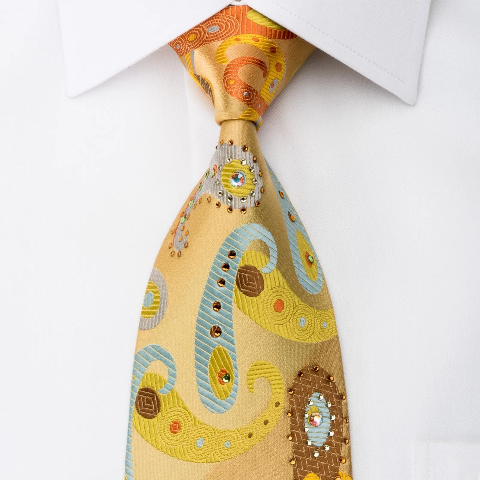 Lancetti Men's Silk Necktie Paisley On Golden Yellow Sparkling With Rhinestones