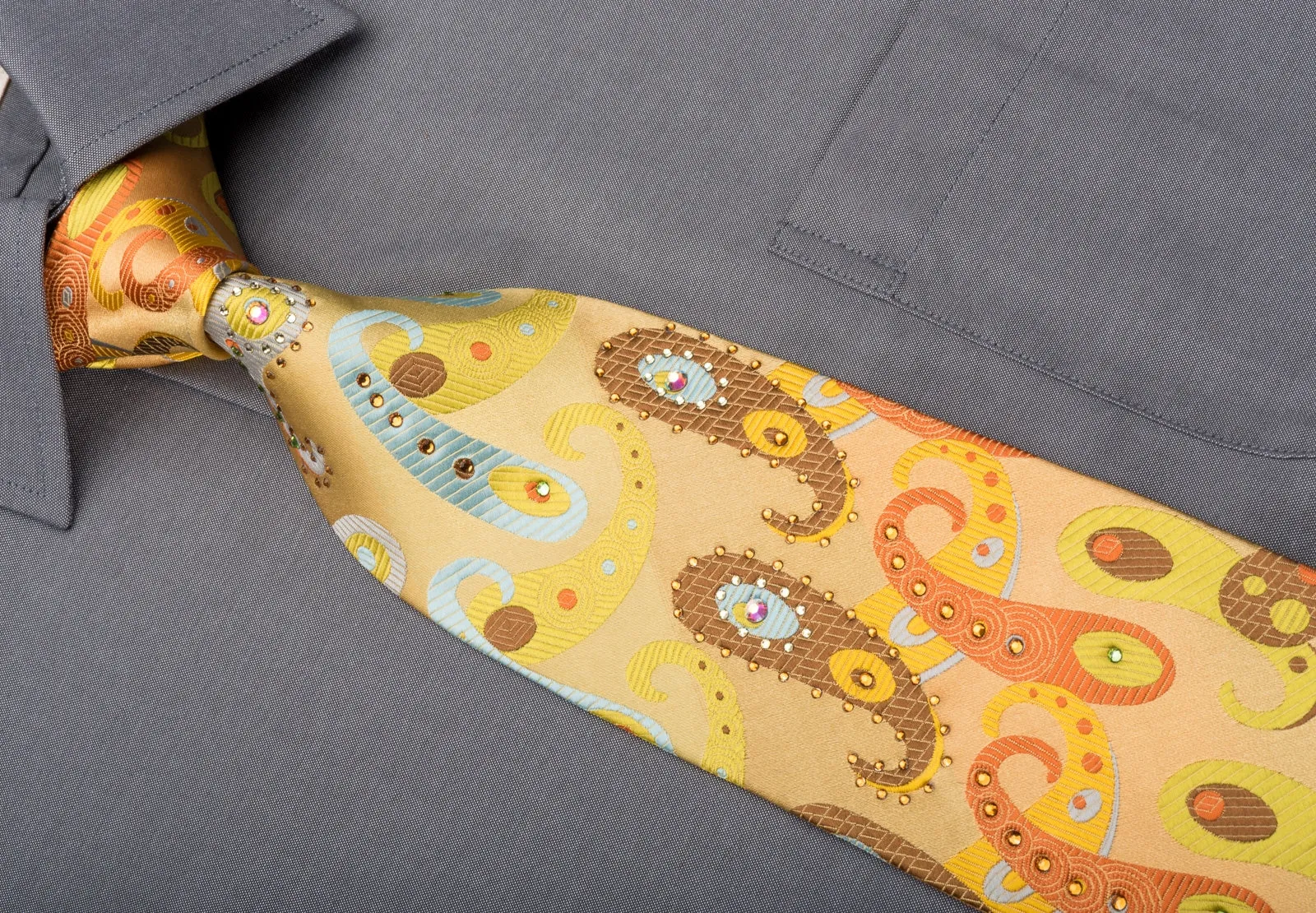 Lancetti Men's Silk Necktie Paisley On Golden Yellow Sparkling With Rhinestones