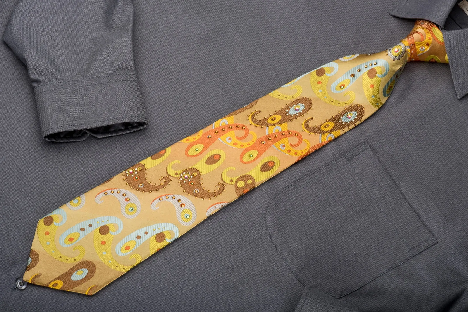 Lancetti Men's Silk Necktie Paisley On Golden Yellow Sparkling With Rhinestones