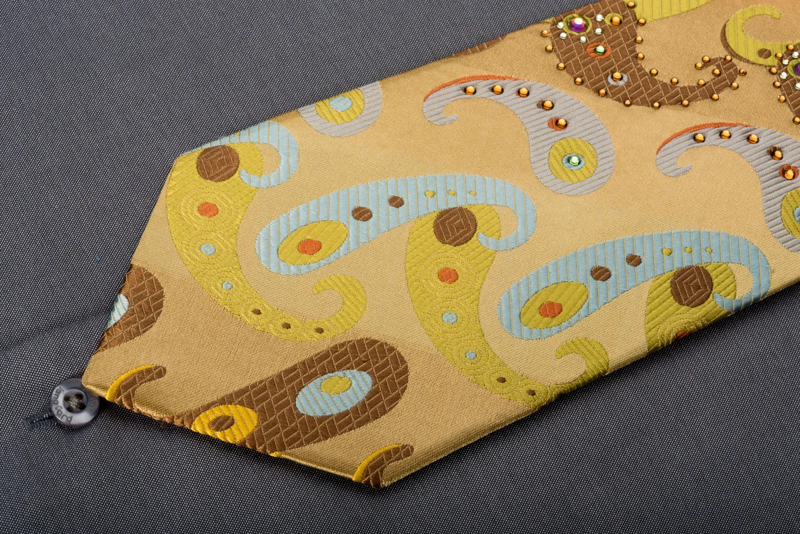 Lancetti Men's Silk Necktie Paisley On Golden Yellow Sparkling With Rhinestones