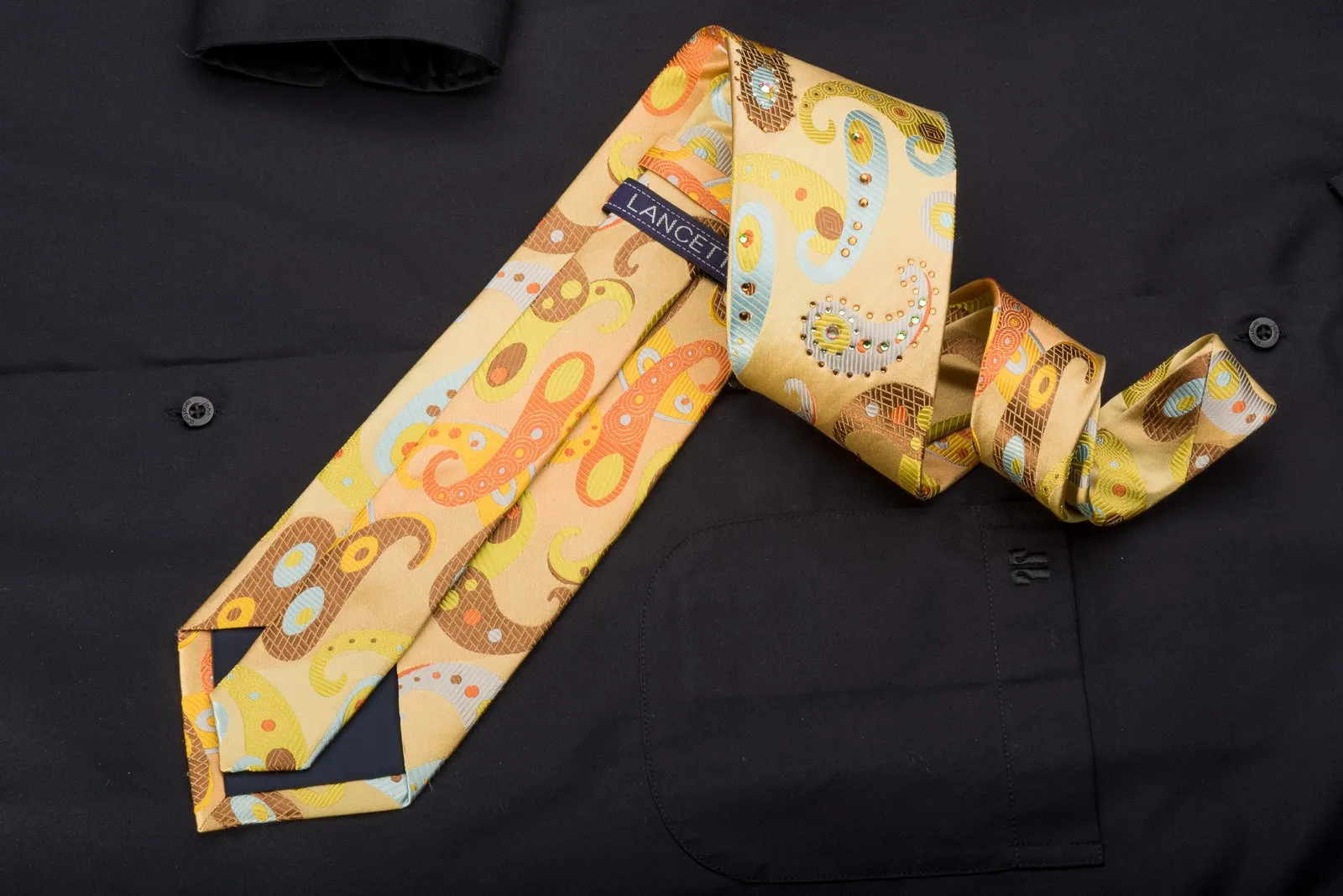 Lancetti Men's Silk Necktie Paisley On Golden Yellow Sparkling With Rhinestones