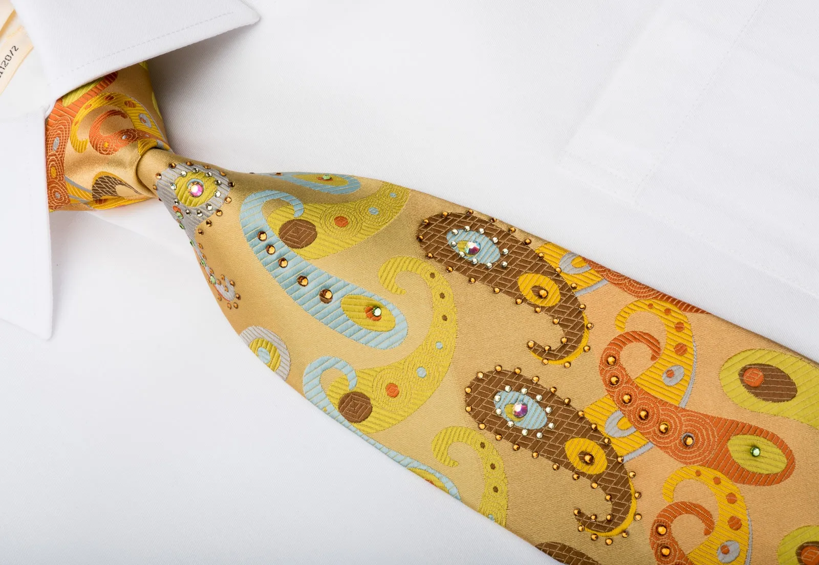 Lancetti Men's Silk Necktie Paisley On Golden Yellow Sparkling With Rhinestones