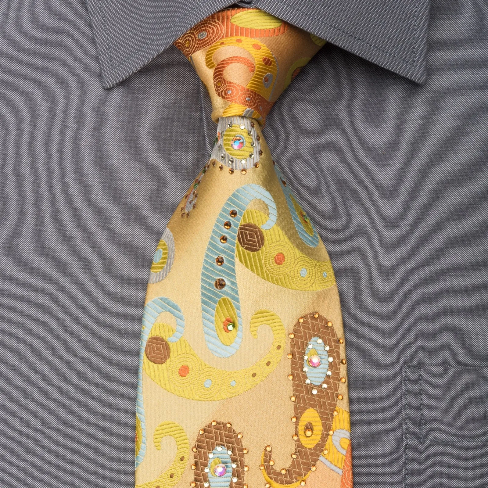 Lancetti Men's Silk Necktie Paisley On Golden Yellow Sparkling With Rhinestones