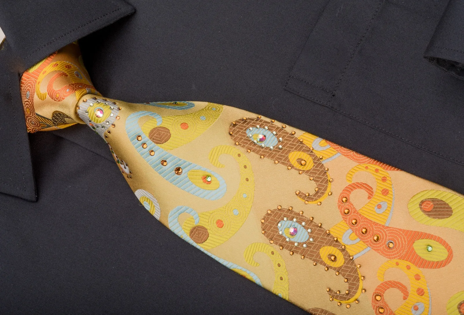Lancetti Men's Silk Necktie Paisley On Golden Yellow Sparkling With Rhinestones
