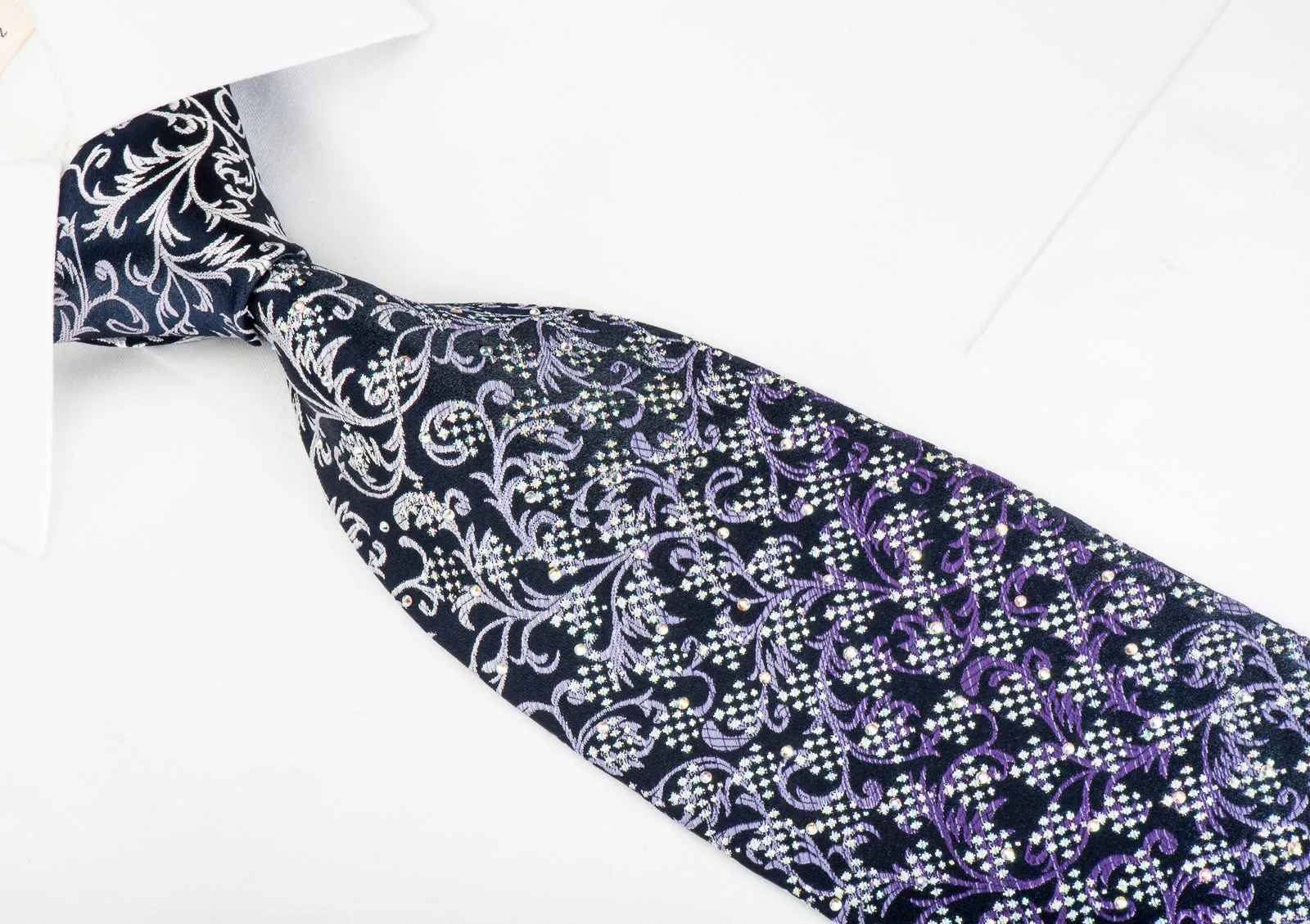 Lancetti Rhinestone Necktie Silver Purple Vines On Navy With Silver Saprkles