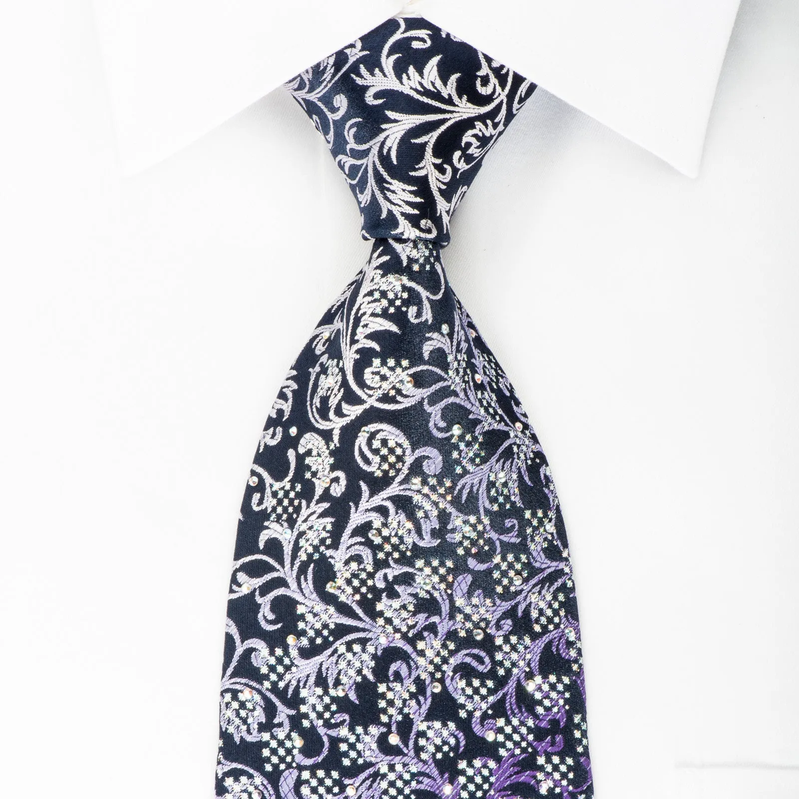 Lancetti Rhinestone Necktie Silver Purple Vines On Navy With Silver Saprkles