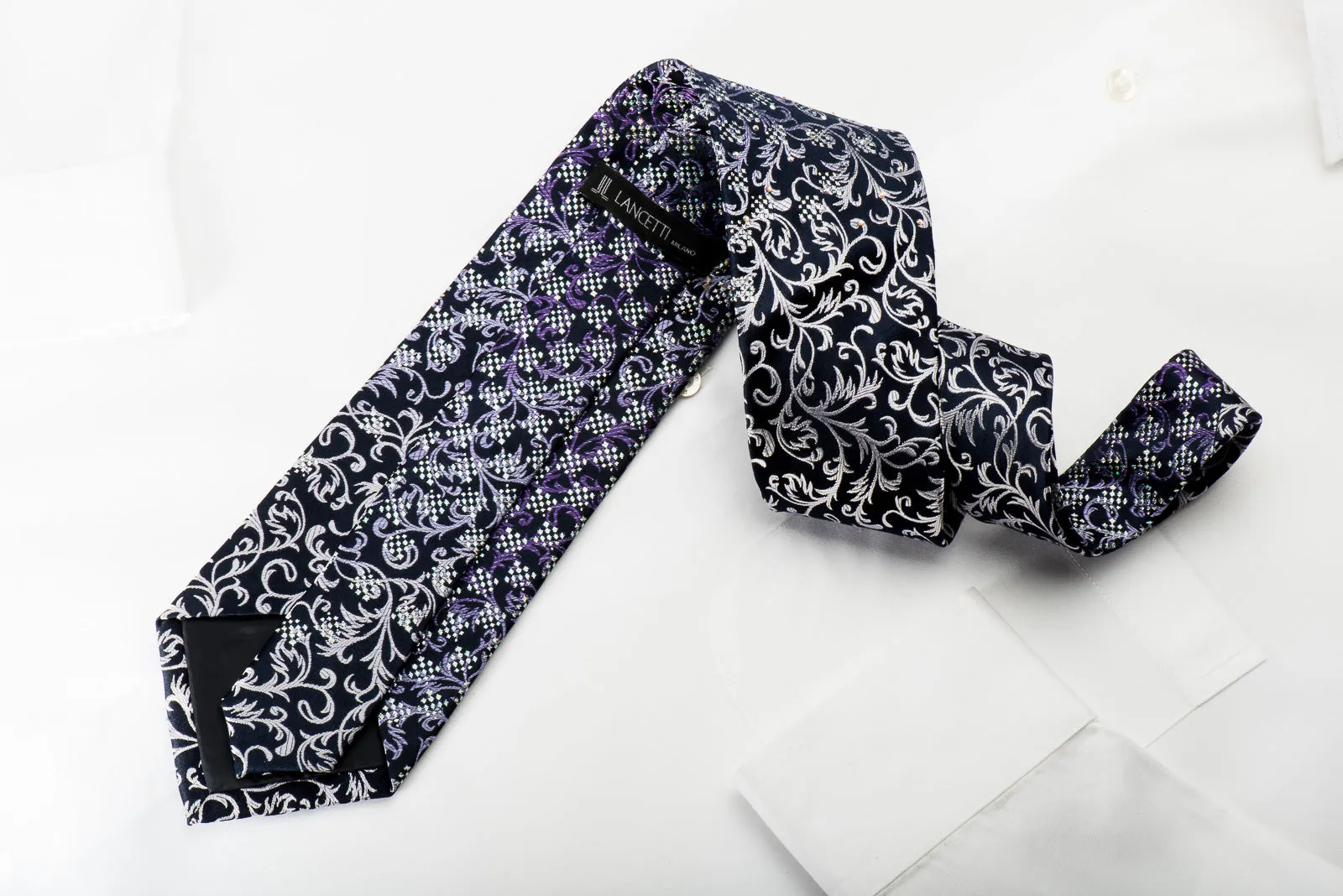 Lancetti Rhinestone Necktie Silver Purple Vines On Navy With Silver Saprkles