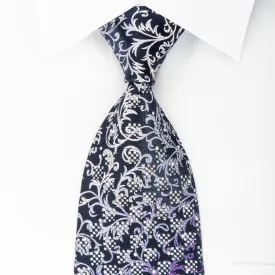 Lancetti Rhinestone Necktie Silver Purple Vines On Navy With Silver Saprkles