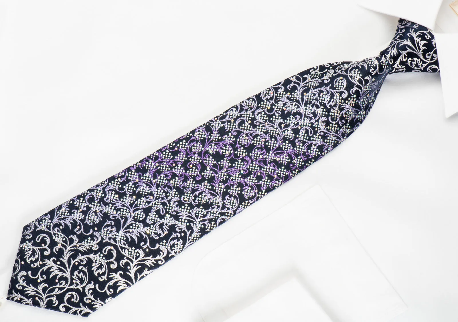 Lancetti Rhinestone Necktie Silver Purple Vines On Navy With Silver Saprkles