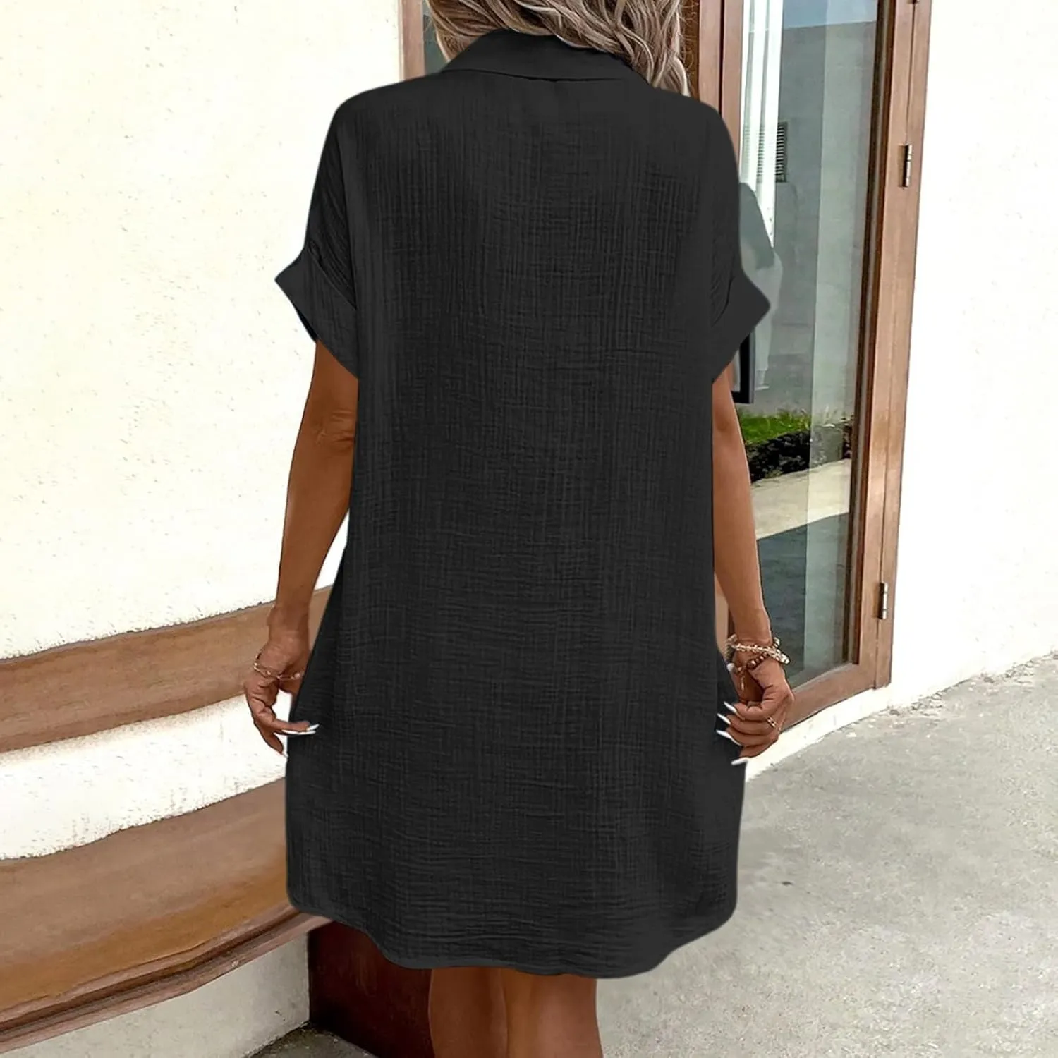 Linen Blend Dress Women Summer Beach Short Sleeve Knee Length Casual Dresses with Pockets Vintage Swimsuit Coverup Shirt