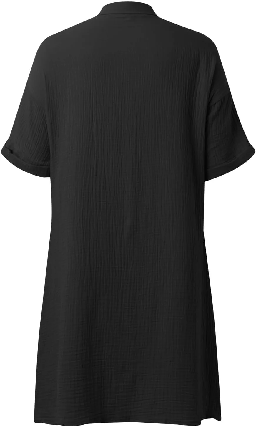 Linen Blend Dress Women Summer Beach Short Sleeve Knee Length Casual Dresses with Pockets Vintage Swimsuit Coverup Shirt