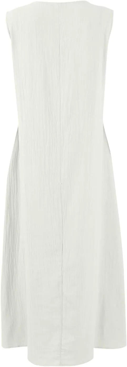 Linen Cotton Beach Dress for Women 2025 Summer Button Shirt Dress Casual Round Neck Dressy Trendy Long Dresses