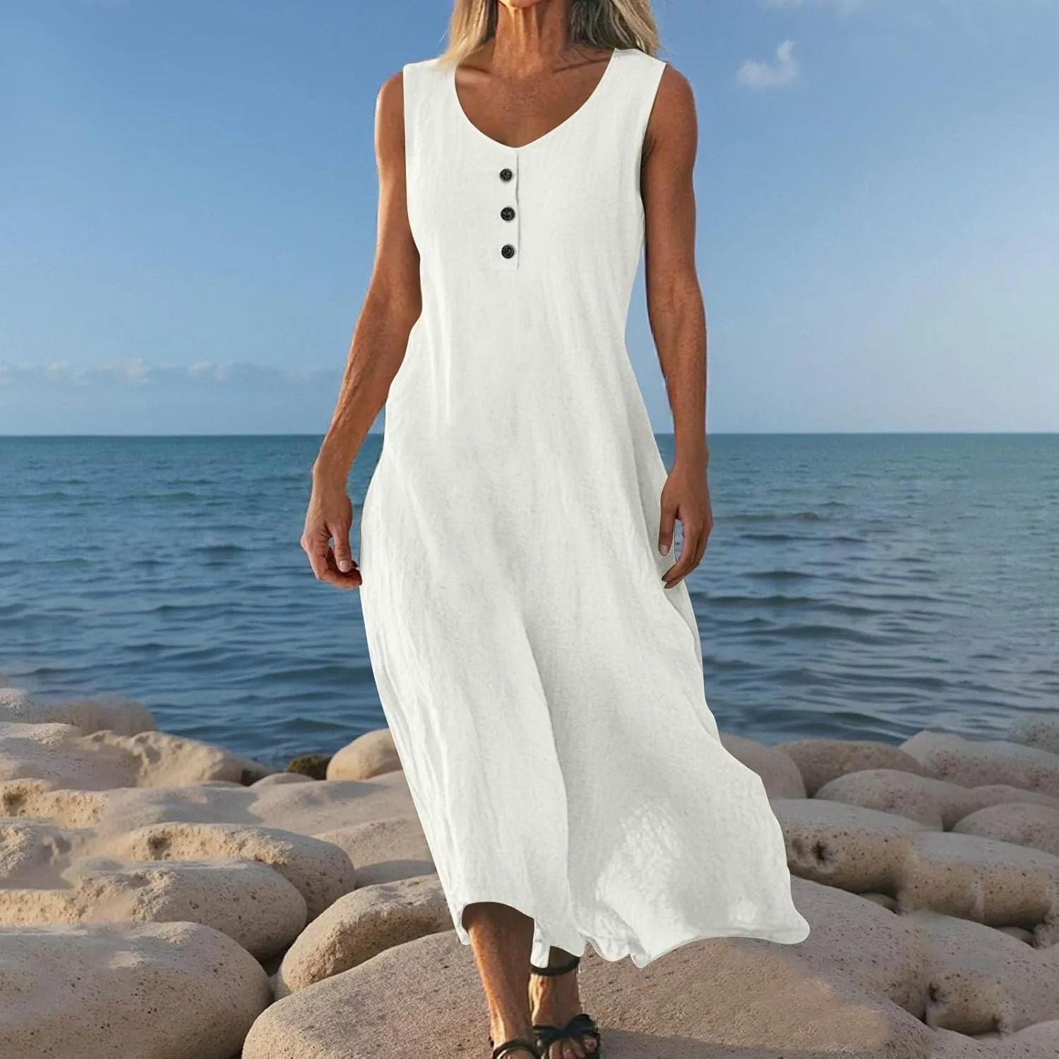 Linen Cotton Beach Dress for Women 2025 Summer Button Shirt Dress Casual Round Neck Dressy Trendy Long Dresses