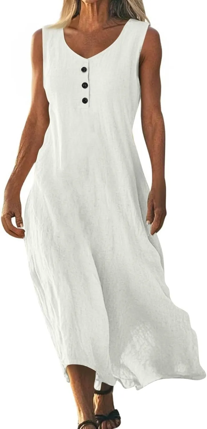 Linen Cotton Beach Dress for Women 2025 Summer Button Shirt Dress Casual Round Neck Dressy Trendy Long Dresses