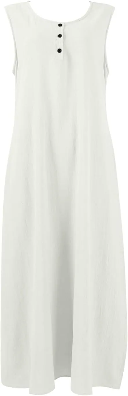 Linen Cotton Beach Dress for Women 2025 Summer Button Shirt Dress Casual Round Neck Dressy Trendy Long Dresses