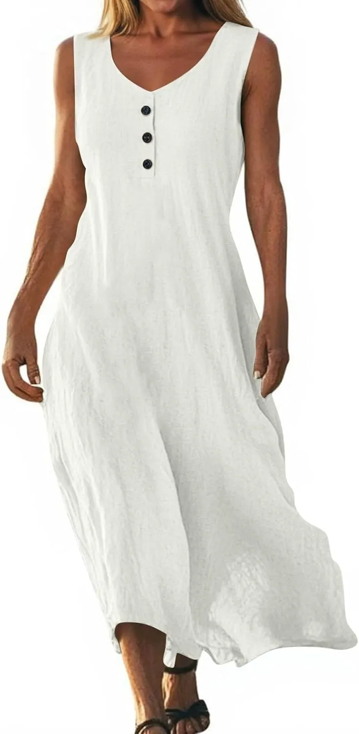 Linen Cotton Beach Dress for Women 2025 Summer Button Shirt Dress Casual Round Neck Dressy Trendy Long Dresses